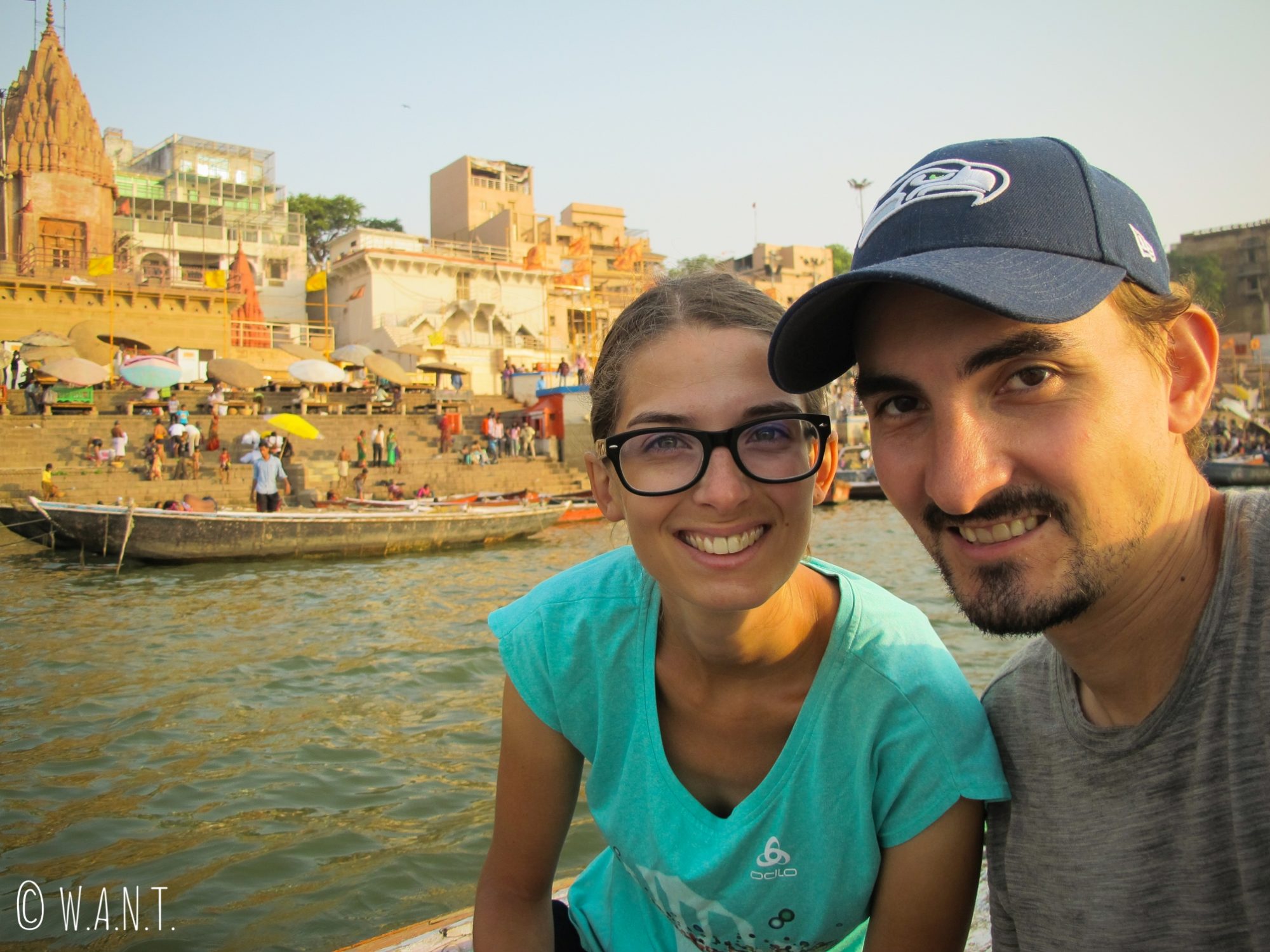 Selfie à bord de notre barque sur le Gange