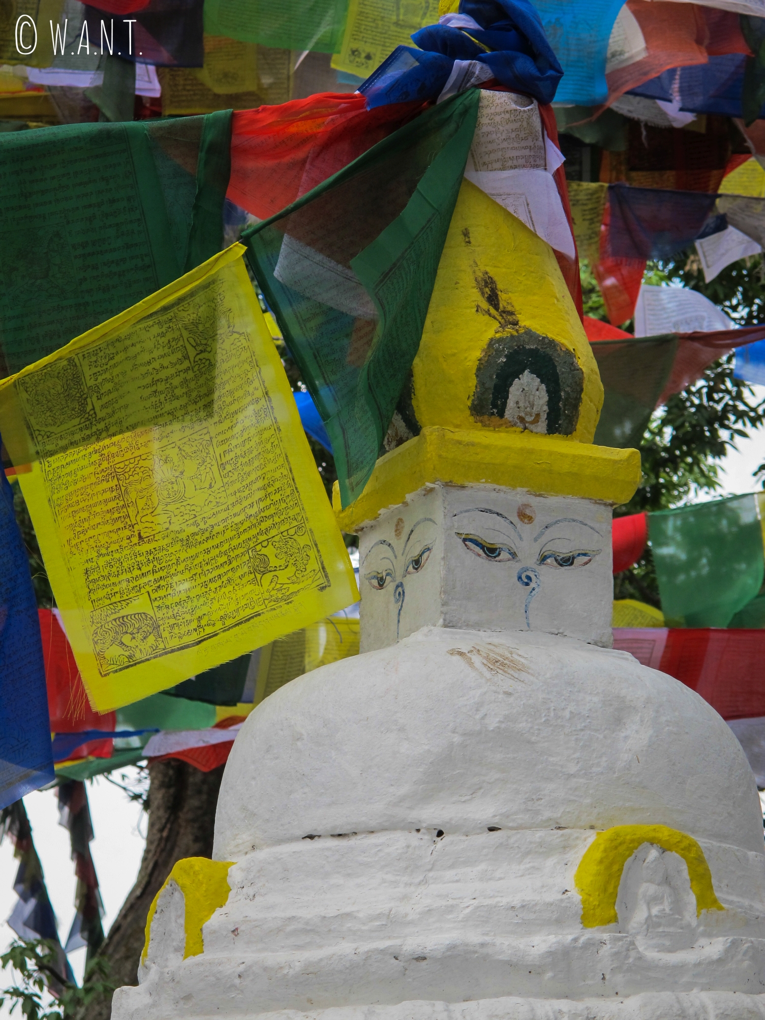 Petit stupa entouré de loungtas sur la colline du stupa Swayambhunath