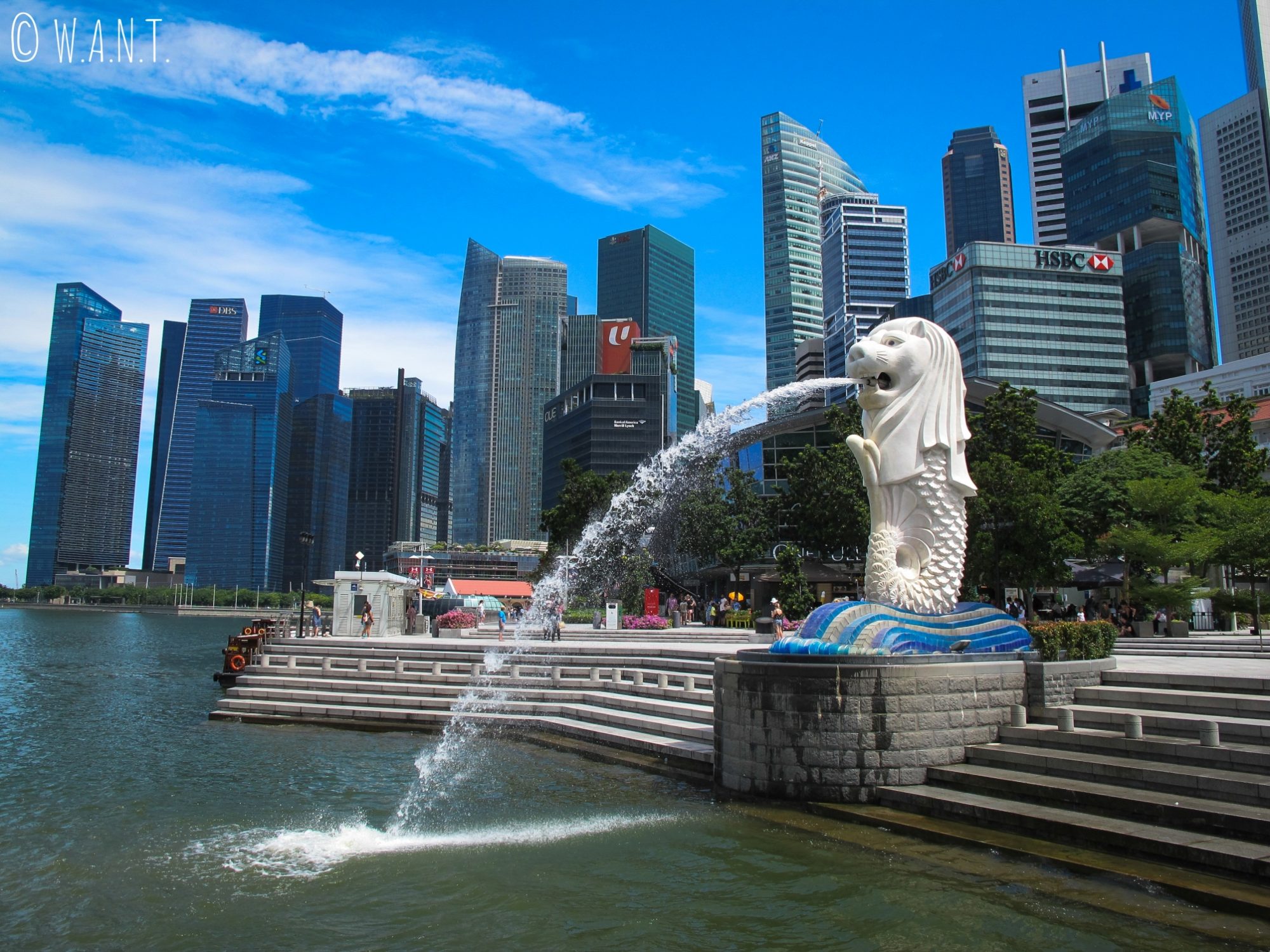 Le Merlion trône devant la Skyline de Singapour