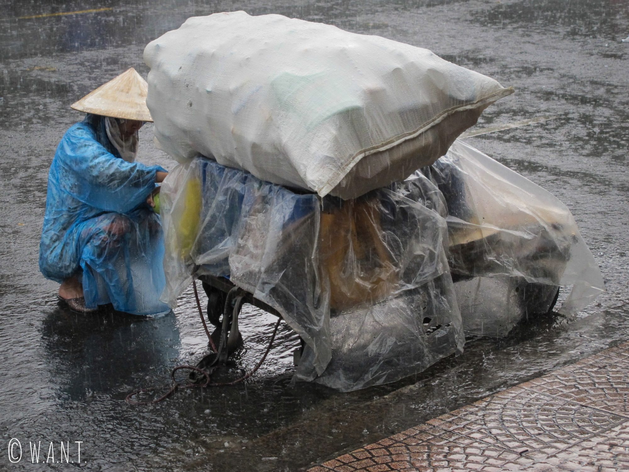Vendeuse de rue sous la pluie de Saïgon