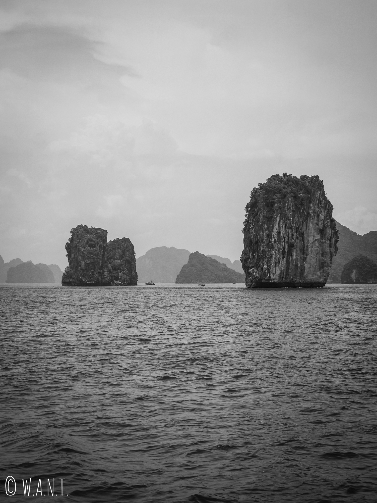 Impressionnants pics karstiques dans la Baie de Lan Ha