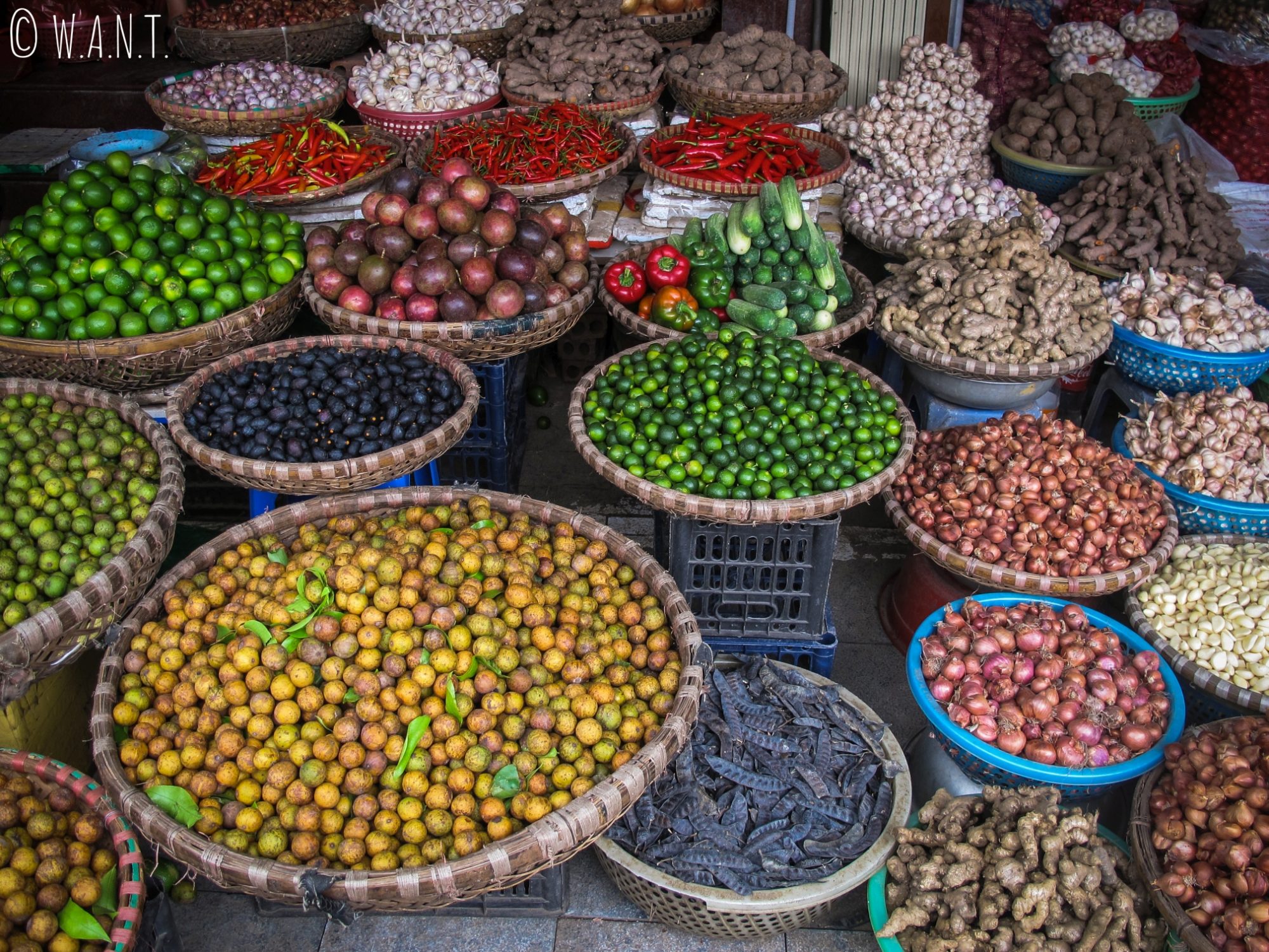 Gros plan sur un étal de fruits et légumes à Hanoï