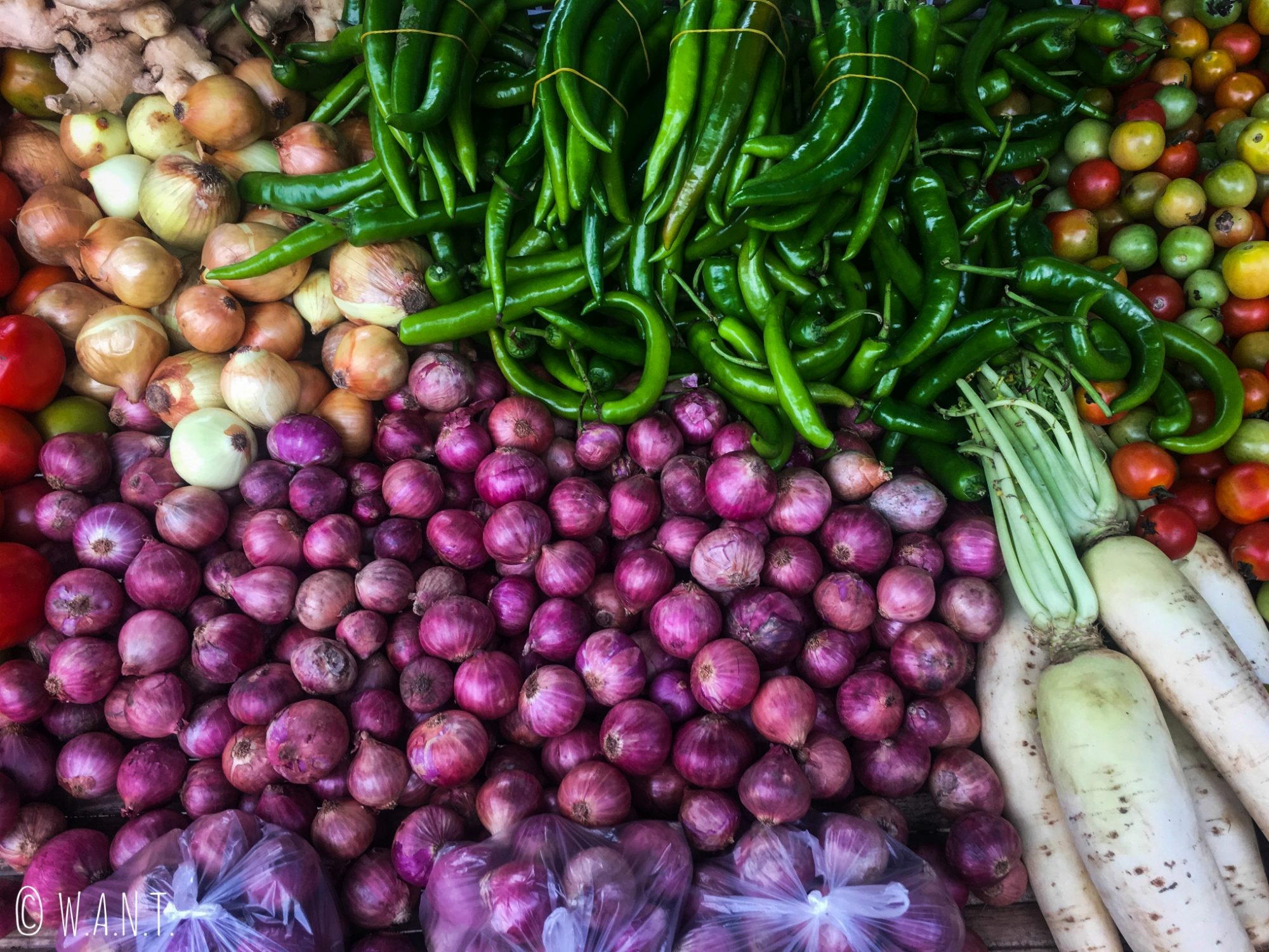 Gros plan sur un étal de légumes du marché local de Pai