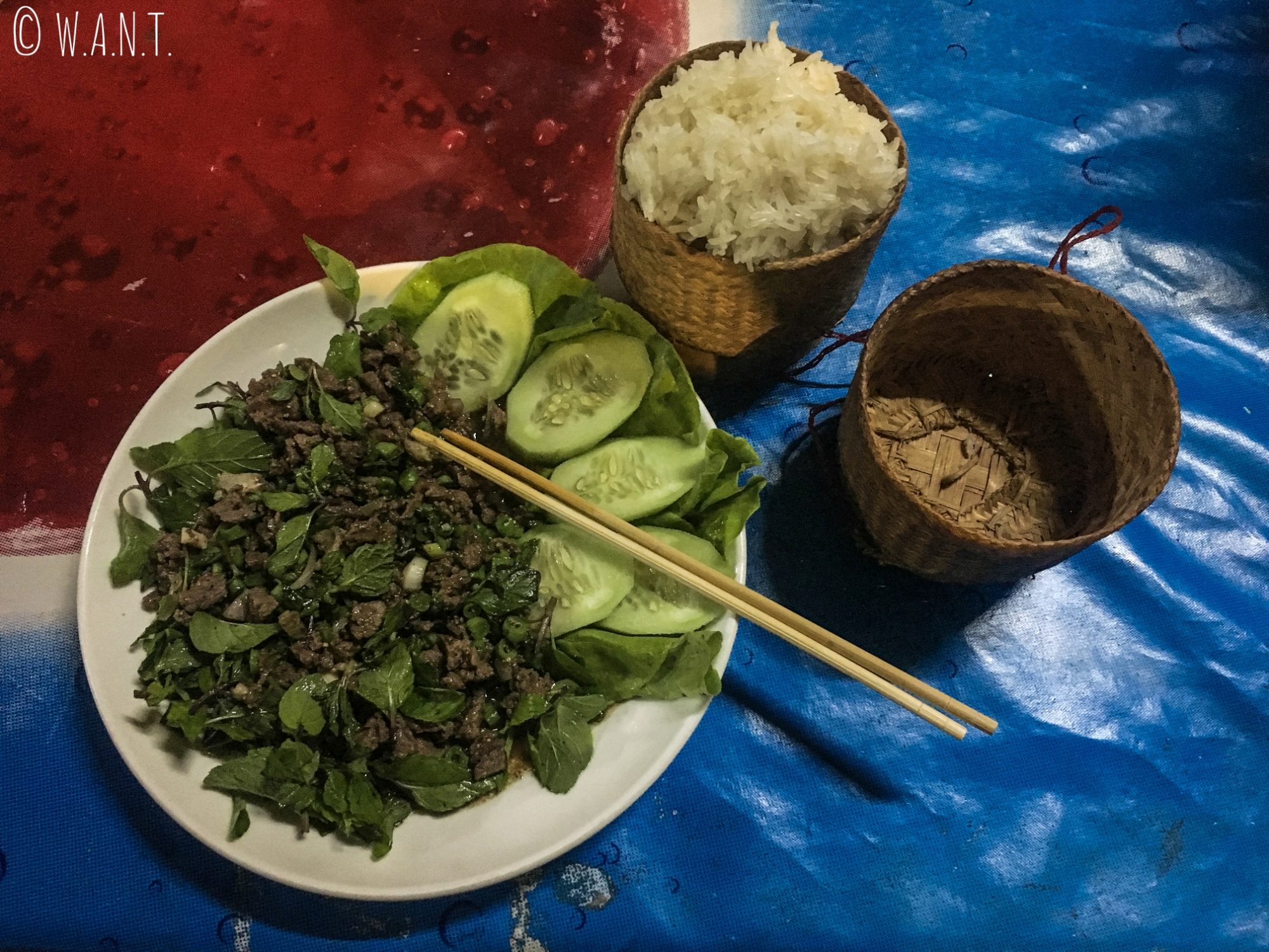 Délicieux Laap servi avec du sticky rice à Vang Vieng