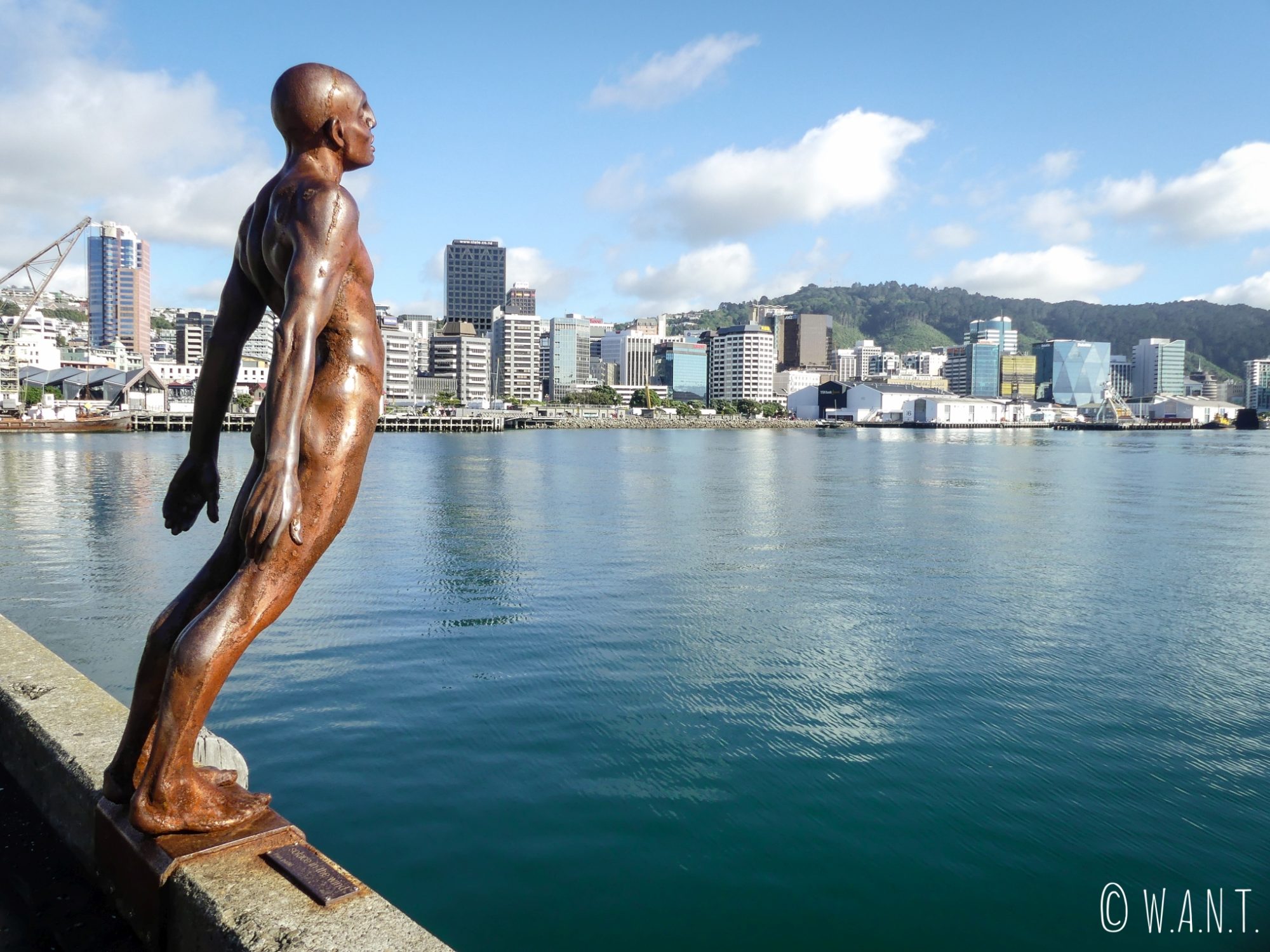 Statue célèbre, nommée Solace of the Wind, sur le port de Wellington