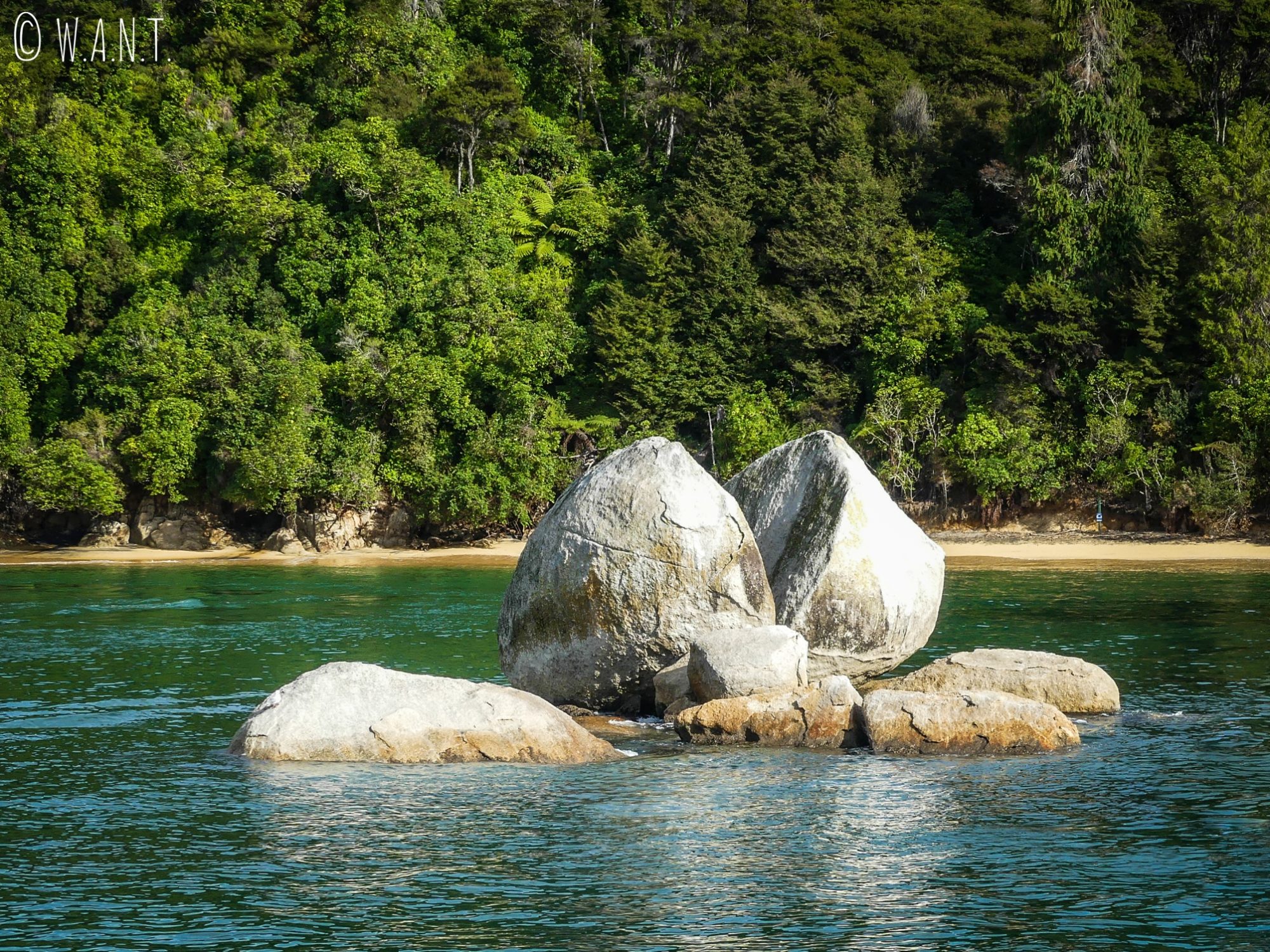 Vue sur la roche nommée Apple Split Rock depuis la mer, au parc national Abel Tasman en Nouvelle-Zélande